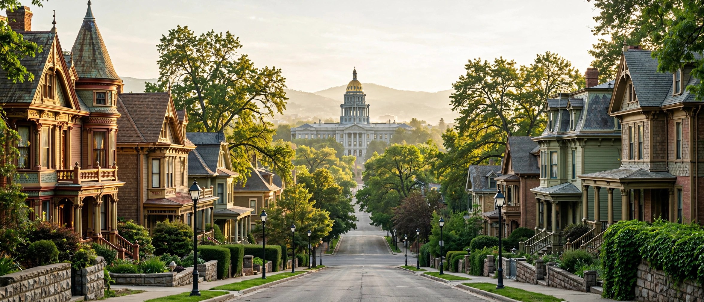 Historic stone mansions and brownstones along a tree-lined urban street