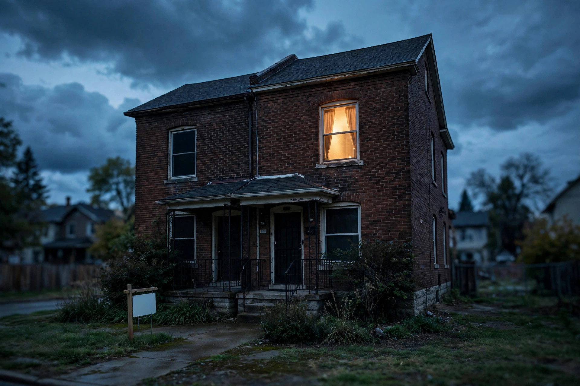 Brick duplex at dusk with warm porch lights and mature trees in a Denver neighborhood
