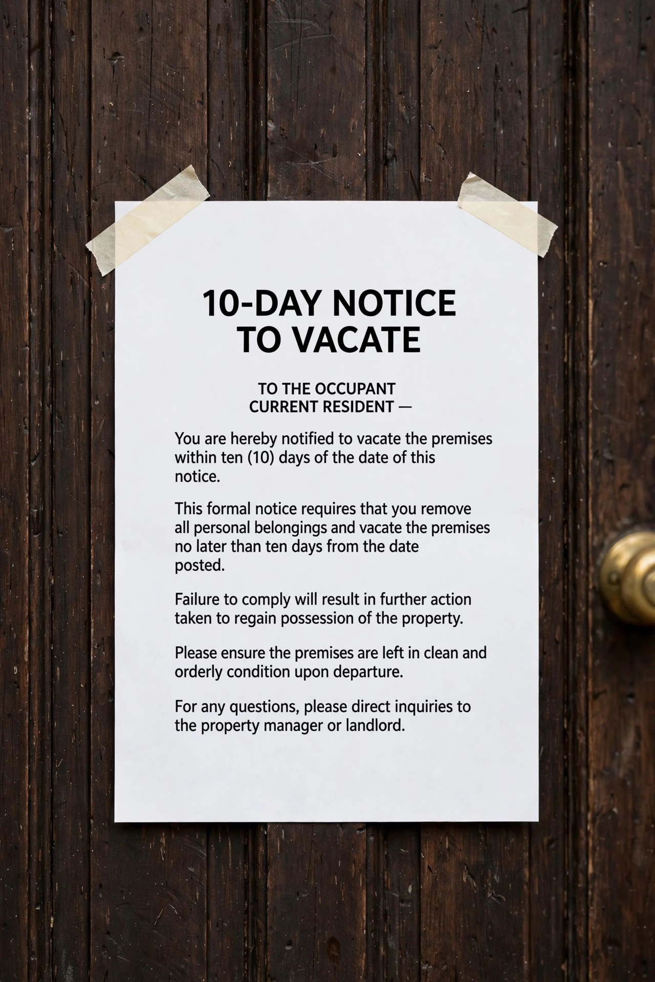 A posted 10-day notice taped to a residential front door, illustrating a Denver landlord's guide to disputed occupancy