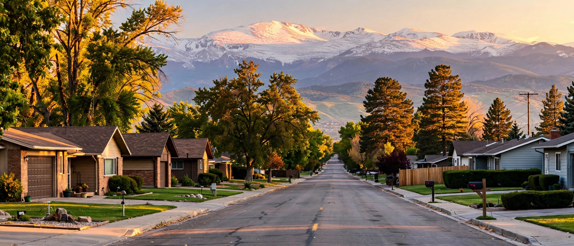 Suburban Denver street at golden hour with the Front Range on the horizon