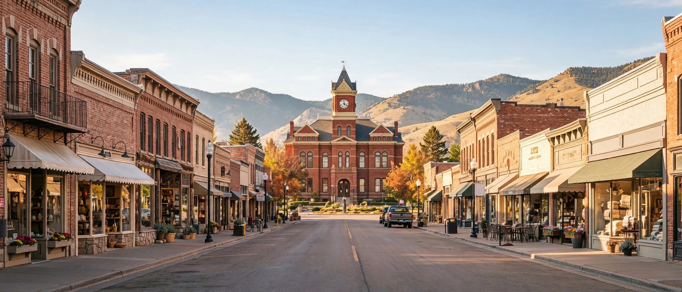 Historic small-town main street with storefronts and the foothills in the distance