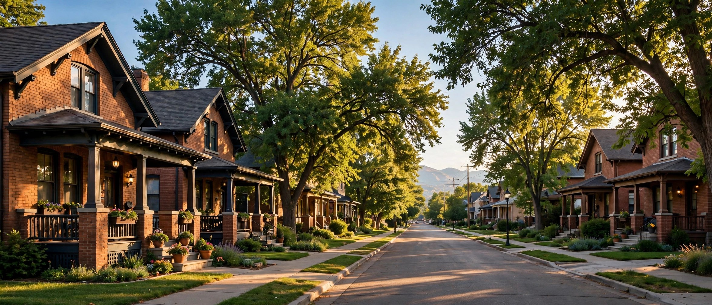 Bungalow-lined residential street with a vibrant commercial corridor nearby